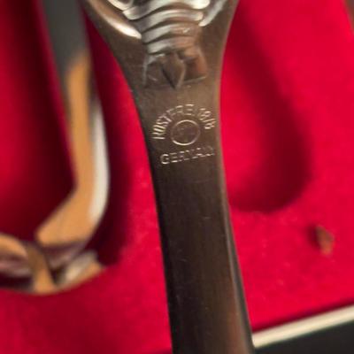 LOT 101: Vintage Dreizack Solingen Bar Tool Kit in Wooden Box, Trident Lobster Set, Godinger Serving Tongs, Hand Painted Crystal Bowl...