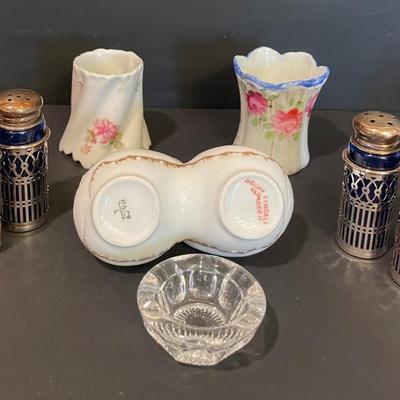 LOT 163: Beautiful Crystal, China & Cut-Glass: Cruet Set, Salt/Pepper Shakers, Toothpick Holders, Vintage Etched Glass & Lead...