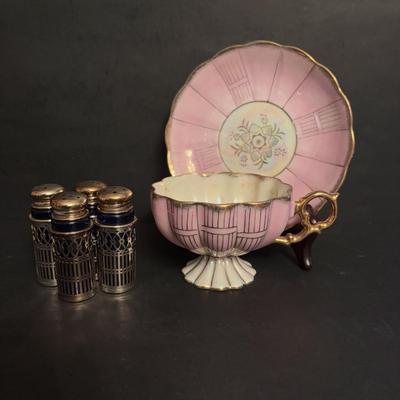 LOT 163: Beautiful Crystal, China & Cut-Glass: Cruet Set, Salt/Pepper Shakers, Toothpick Holders, Vintage Etched Glass & Lead...