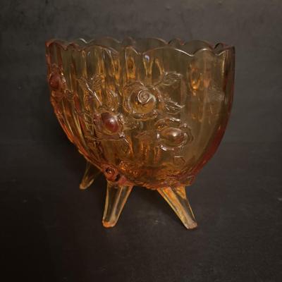 LOT 164: Collection of Vintage Amber & Marigold Glass: Footed Candy Dish, Thumb Print Sugar and Creamer Set Floral Candy Dishes