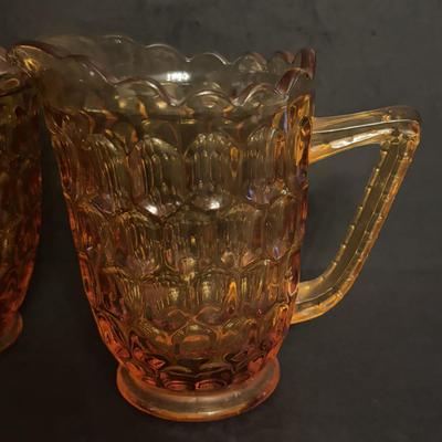 LOT 164: Collection of Vintage Amber & Marigold Glass: Footed Candy Dish, Thumb Print Sugar and Creamer Set Floral Candy Dishes