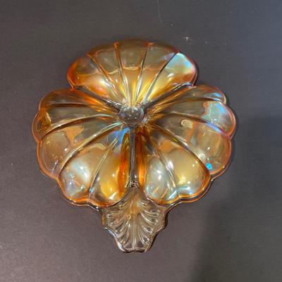 LOT 164: Collection of Vintage Amber & Marigold Glass: Footed Candy Dish, Thumb Print Sugar and Creamer Set Floral Candy Dishes