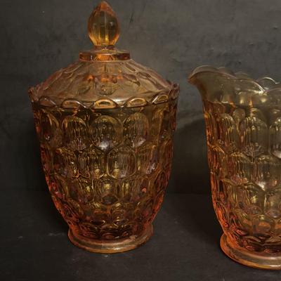 LOT 164: Collection of Vintage Amber & Marigold Glass: Footed Candy Dish, Thumb Print Sugar and Creamer Set Floral Candy Dishes