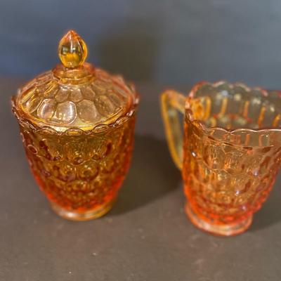 LOT 164: Collection of Vintage Amber & Marigold Glass: Footed Candy Dish, Thumb Print Sugar and Creamer Set Floral Candy Dishes