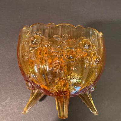 LOT 164: Collection of Vintage Amber & Marigold Glass: Footed Candy Dish, Thumb Print Sugar and Creamer Set Floral Candy Dishes
