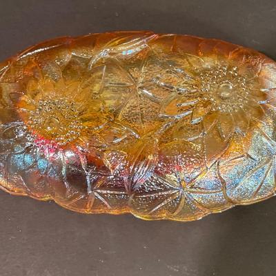 LOT 164: Collection of Vintage Amber & Marigold Glass: Footed Candy Dish, Thumb Print Sugar and Creamer Set Floral Candy Dishes