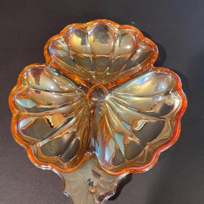 LOT 164: Collection of Vintage Amber & Marigold Glass: Footed Candy Dish, Thumb Print Sugar and Creamer Set Floral Candy Dishes