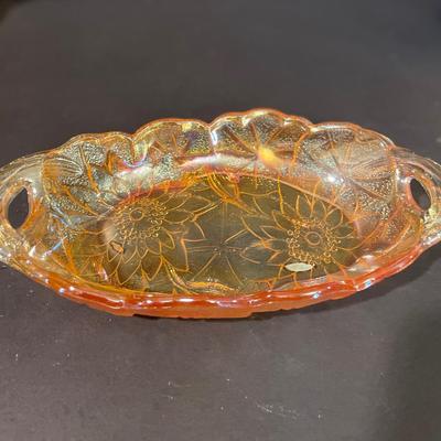 LOT 164: Collection of Vintage Amber & Marigold Glass: Footed Candy Dish, Thumb Print Sugar and Creamer Set Floral Candy Dishes