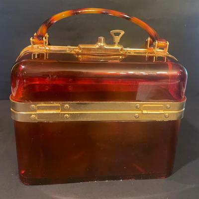 LOT 166: Stunning Tortoise Shell Lucite Box Purse w/Key- Made in France