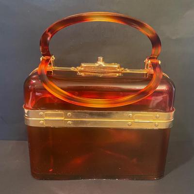 LOT 166: Stunning Tortoise Shell Lucite Box Purse w/Key- Made in France