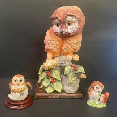 LOT 167: Andrea by Sadek "Elf Owl" & 1990 Owl Porcelain Figurines, Beatrice Potters Old Mr. Brown, Beswick England