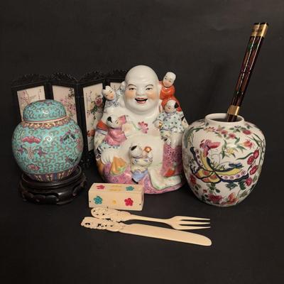 LOT 169: Asian Themed Collection: Ginger Jars, Laughing Buddha Figurine, Miniature Mah Jong Set, Miniature 4 Panel Screen & More