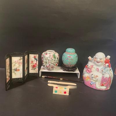 LOT 169: Asian Themed Collection: Ginger Jars, Laughing Buddha Figurine, Miniature Mah Jong Set, Miniature 4 Panel Screen & More