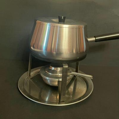 LOT 174: MCM Style Stainless Steel Fondue Set with 60 Inch Round Tablecloth and Matching Napkins (16 Inch Square) and More ...