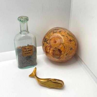 LOT 177: Explorer’s Collection - Santa Maria Ship Radio, Cork Art, Ship in Glass Bottle, Brass Whale, Decorative Desk Globe and More