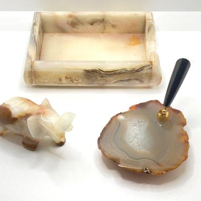 LOT 178: Vintage Desk Collection - Cross Pen / Pencil with Onyx / Stone Paper Holder, Pen Holder and Elephant Figurine