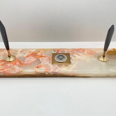 LOT 178: Vintage Desk Collection - Cross Pen / Pencil with Onyx / Stone Paper Holder, Pen Holder and Elephant Figurine