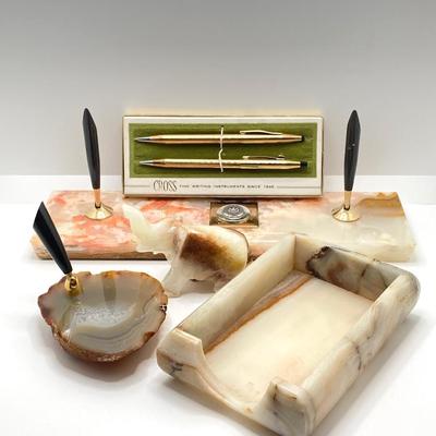 LOT 178: Vintage Desk Collection - Cross Pen / Pencil with Onyx / Stone Paper Holder, Pen Holder and Elephant Figurine