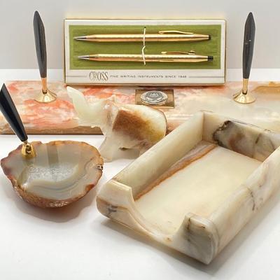 LOT 178: Vintage Desk Collection - Cross Pen / Pencil with Onyx / Stone Paper Holder, Pen Holder and Elephant Figurine