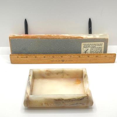 LOT 178: Vintage Desk Collection - Cross Pen / Pencil with Onyx / Stone Paper Holder, Pen Holder and Elephant Figurine