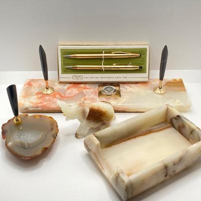 LOT 178: Vintage Desk Collection - Cross Pen / Pencil with Onyx / Stone Paper Holder, Pen Holder and Elephant Figurine