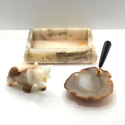 LOT 178: Vintage Desk Collection - Cross Pen / Pencil with Onyx / Stone Paper Holder, Pen Holder and Elephant Figurine
