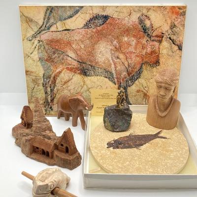 LOT 179: Hand Crafted Collection - The Metropolitan Museum of Art Prehistoric Bison Art, Fish Fossil, Percussion Frog, Carved Wood Decor...