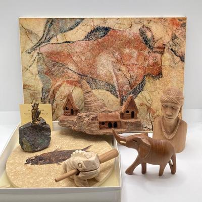 LOT 179: Hand Crafted Collection - The Metropolitan Museum of Art Prehistoric Bison Art, Fish Fossil, Percussion Frog, Carved Wood Decor...