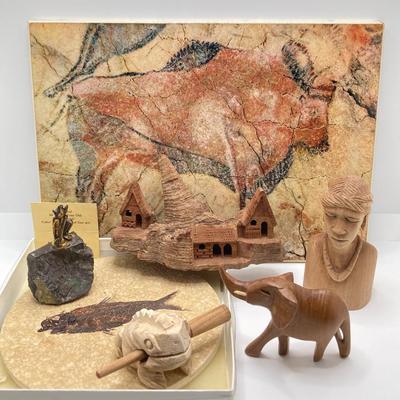 LOT 179: Hand Crafted Collection - The Metropolitan Museum of Art Prehistoric Bison Art, Fish Fossil, Percussion Frog, Carved Wood Decor...