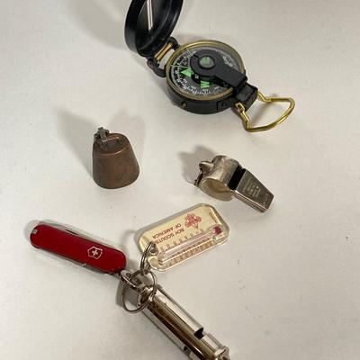 LOT 183: Pete Kershaw Belt Buckle with Leather Belt, Cabela’s Leather Belt with Collection of Whistles, Compass, Pocket Knives and More