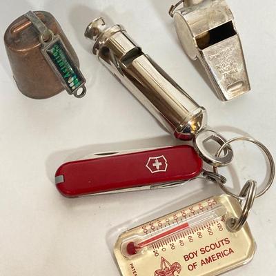 LOT 183: Pete Kershaw Belt Buckle with Leather Belt, Cabela’s Leather Belt with Collection of Whistles, Compass, Pocket Knives and More