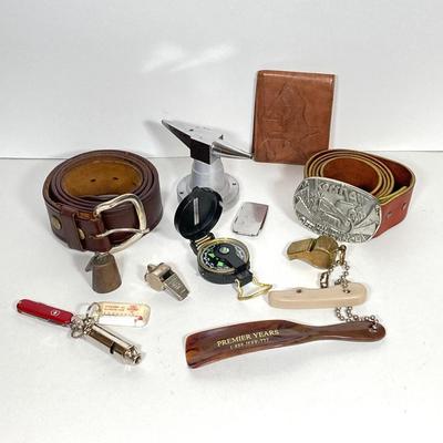 LOT 183: Pete Kershaw Belt Buckle with Leather Belt, Cabela’s Leather Belt with Collection of Whistles, Compass, Pocket Knives and More