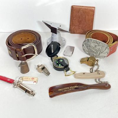 LOT 183: Pete Kershaw Belt Buckle with Leather Belt, Cabela’s Leather Belt with Collection of Whistles, Compass, Pocket Knives and More