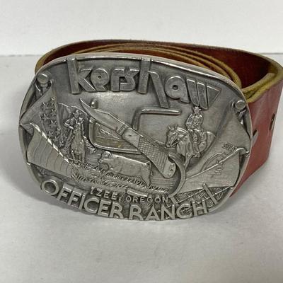 LOT 183: Pete Kershaw Belt Buckle with Leather Belt, Cabela’s Leather Belt with Collection of Whistles, Compass, Pocket Knives and More