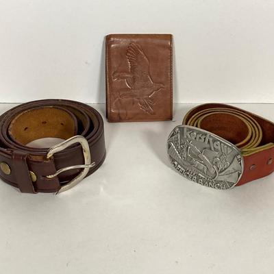 LOT 183: Pete Kershaw Belt Buckle with Leather Belt, Cabela’s Leather Belt with Collection of Whistles, Compass, Pocket Knives and More