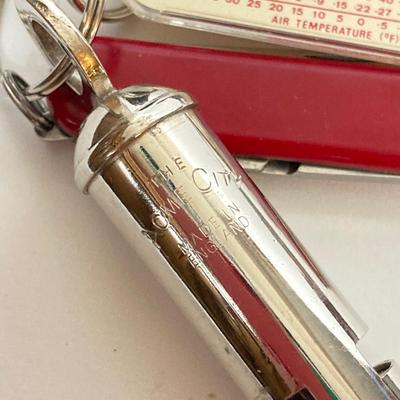 LOT 183: Pete Kershaw Belt Buckle with Leather Belt, Cabela’s Leather Belt with Collection of Whistles, Compass, Pocket Knives and More