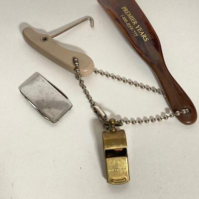 LOT 183: Pete Kershaw Belt Buckle with Leather Belt, Cabela’s Leather Belt with Collection of Whistles, Compass, Pocket Knives and More