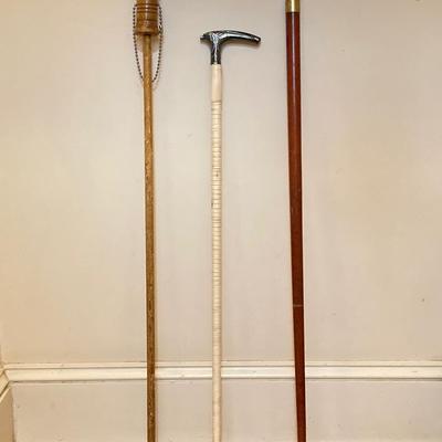 LOT 184: Vintage Walking Sticks/Canes: Brass Handled Mermaid, Stacked Horn/Antler Rings & Wooden