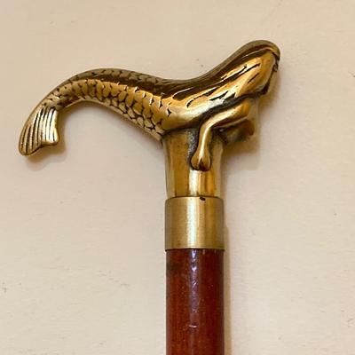 LOT 184: Vintage Walking Sticks/Canes: Brass Handled Mermaid, Stacked Horn/Antler Rings & Wooden