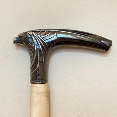 LOT 184: Vintage Walking Sticks/Canes: Brass Handled Mermaid, Stacked Horn/Antler Rings & Wooden