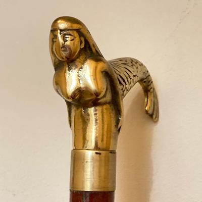 LOT 184: Vintage Walking Sticks/Canes: Brass Handled Mermaid, Stacked Horn/Antler Rings & Wooden
