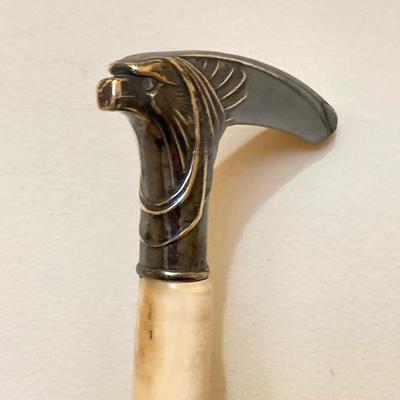 LOT 184: Vintage Walking Sticks/Canes: Brass Handled Mermaid, Stacked Horn/Antler Rings & Wooden