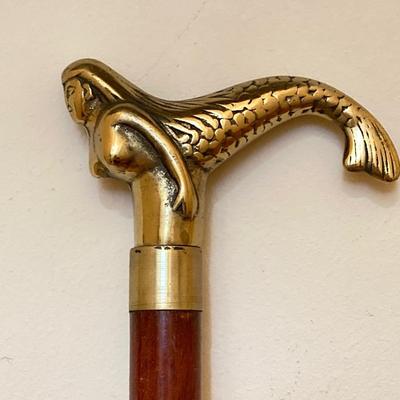 LOT 184: Vintage Walking Sticks/Canes: Brass Handled Mermaid, Stacked Horn/Antler Rings & Wooden