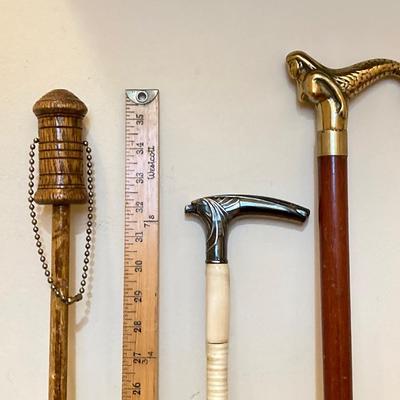 LOT 184: Vintage Walking Sticks/Canes: Brass Handled Mermaid, Stacked Horn/Antler Rings & Wooden