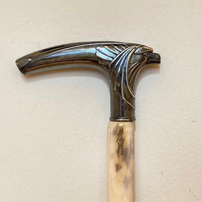 LOT 184: Vintage Walking Sticks/Canes: Brass Handled Mermaid, Stacked Horn/Antler Rings & Wooden