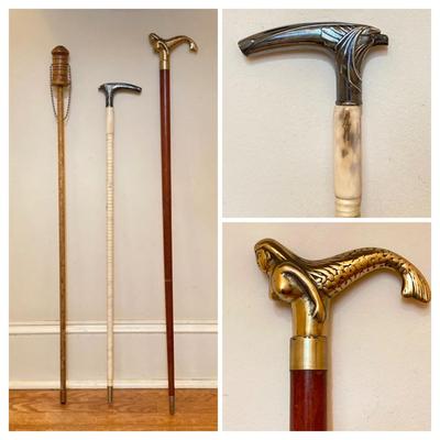 LOT 184: Vintage Walking Sticks/Canes: Brass Handled Mermaid, Stacked Horn/Antler Rings & Wooden