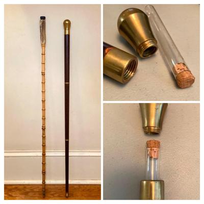 LOT 185: Vintage Knob Style w/Hidden Glass Flask/Vial Walking Stick/Cane & Unique Bamboo Style w/ Antler Handle Cane/Walking Stick