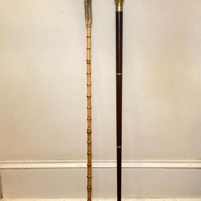 LOT 185: Vintage Knob Style w/Hidden Glass Flask/Vial Walking Stick/Cane & Unique Bamboo Style w/ Antler Handle Cane/Walking Stick