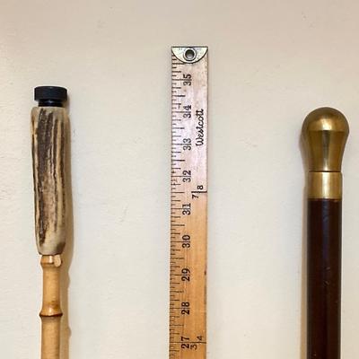 LOT 185: Vintage Knob Style w/Hidden Glass Flask/Vial Walking Stick/Cane & Unique Bamboo Style w/ Antler Handle Cane/Walking Stick