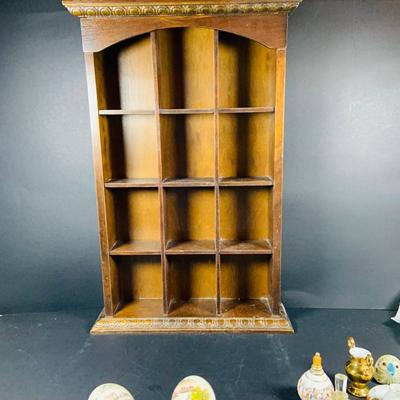 LOT:191: Wooden Display Case w/Asian Inspired Miniature Vases & Bottles and Painted Egg Shells and More
